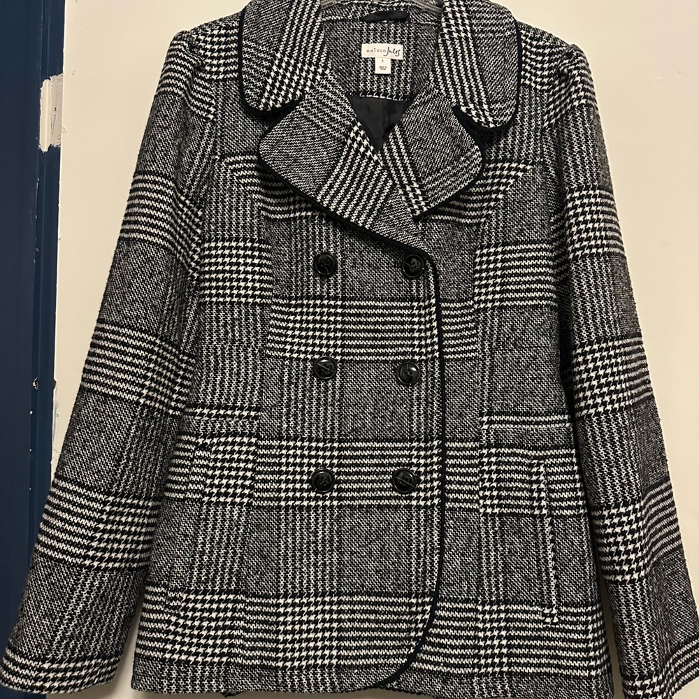 Maison Jules Black and White Checkered Pea Coat